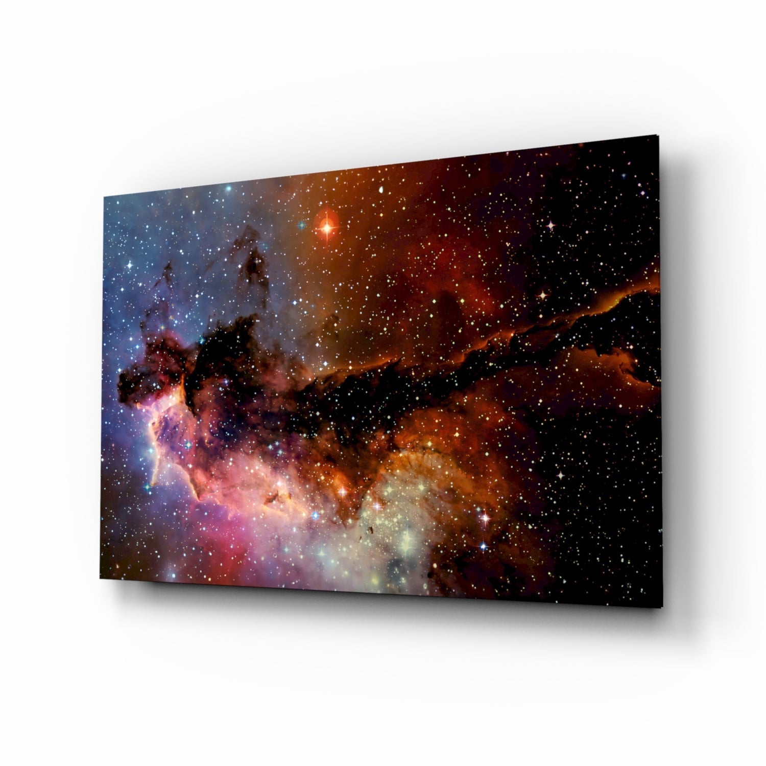 Cosmic nebula glass wall art in ember and violet