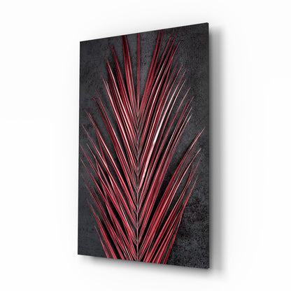 Areca Bunch crimson palm frond glass wall art