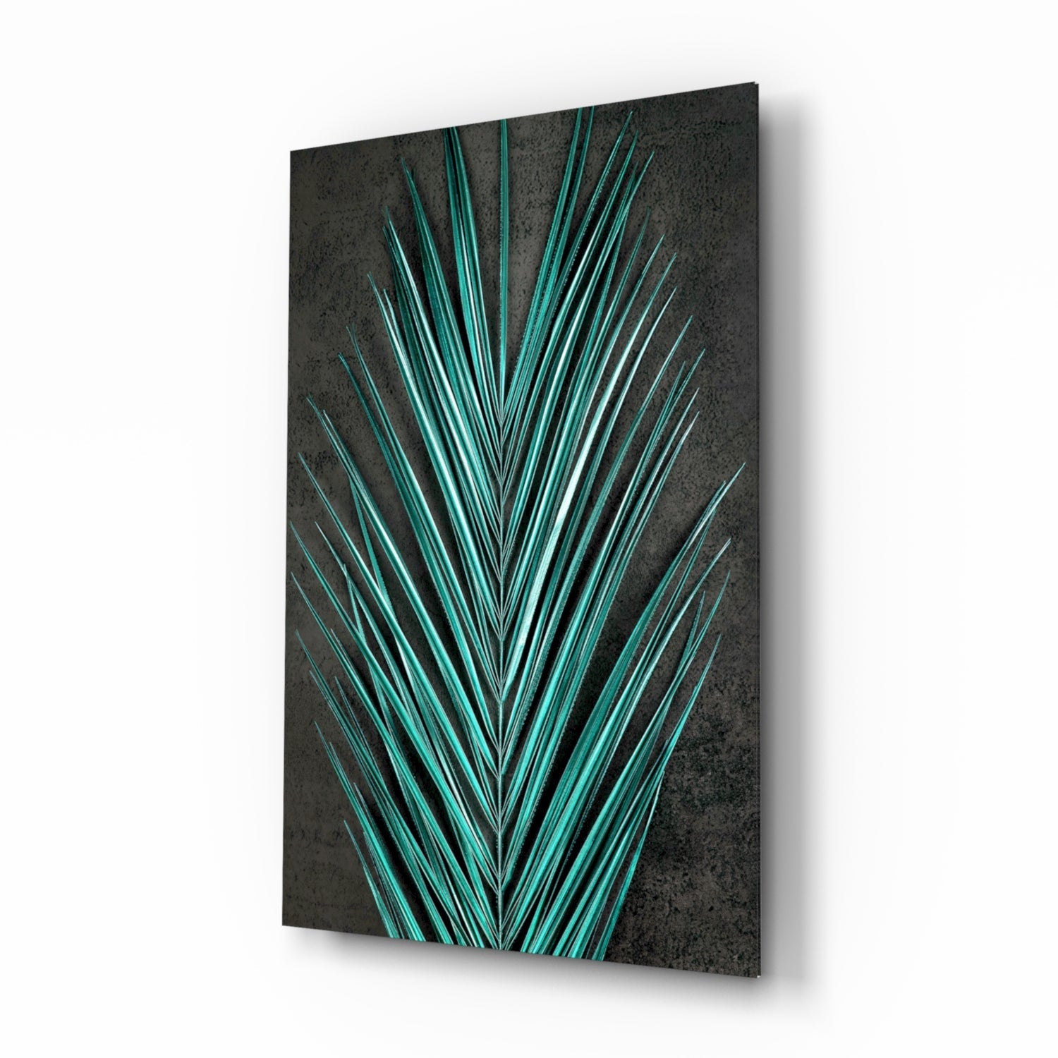 Areca Bunch teal glass wall art hanging on a modern wall