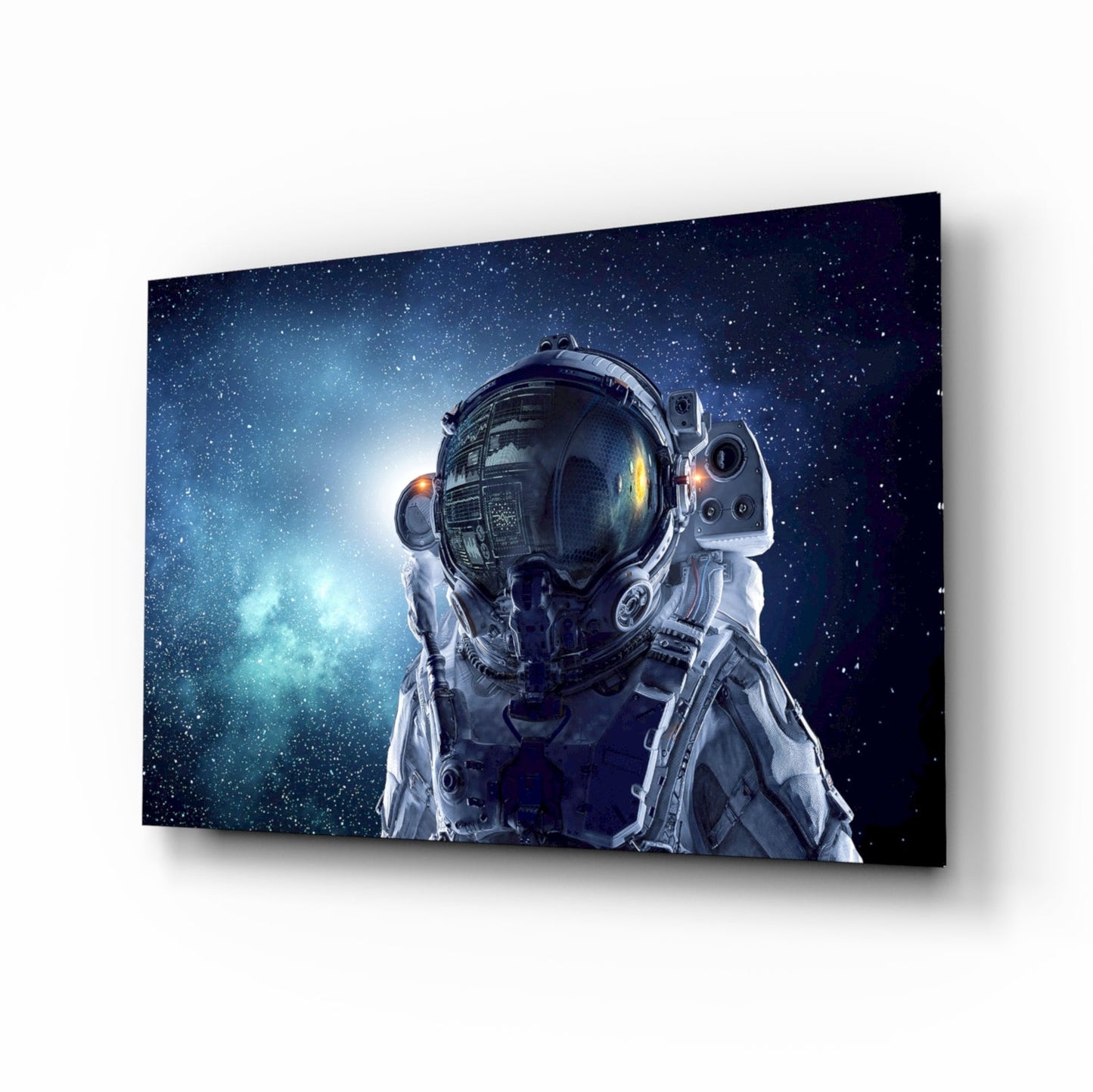 Astronaut in Space Glass Wall Art against starfield
