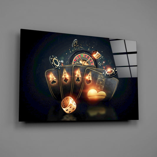 Roulette wheel and aces glass wall art hanging on a plain gray wall