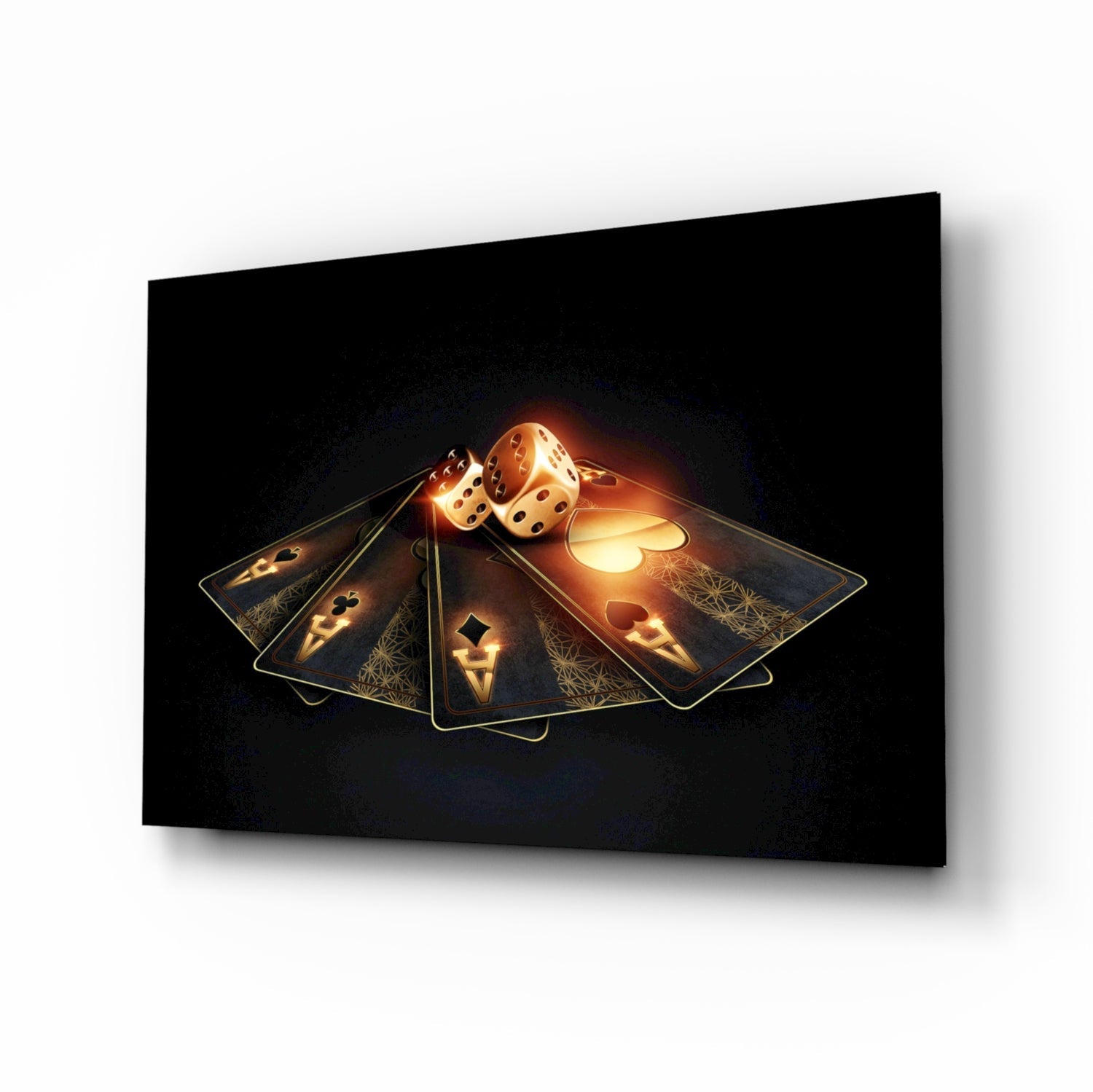 Gambler's gold Ace cards and dice glass wall art