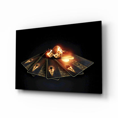 Gambler's gold Ace cards and dice glass wall art