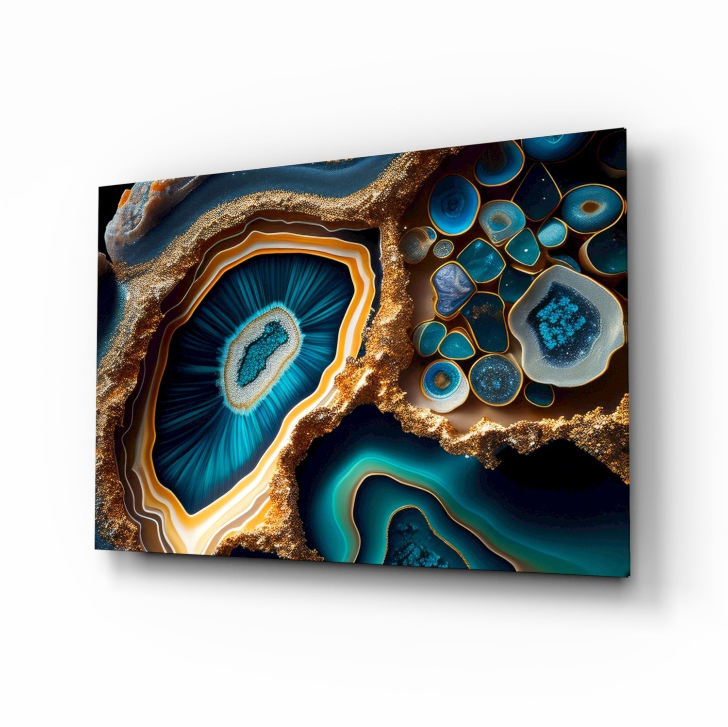 Cobalt gold geode glass wall art