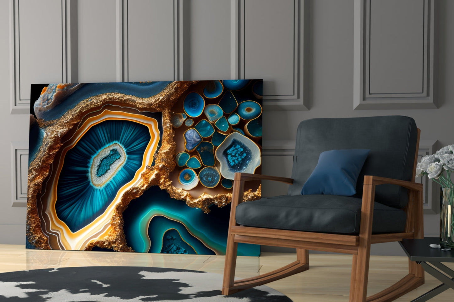 Cobalt Gold Geode Glass Wall Art