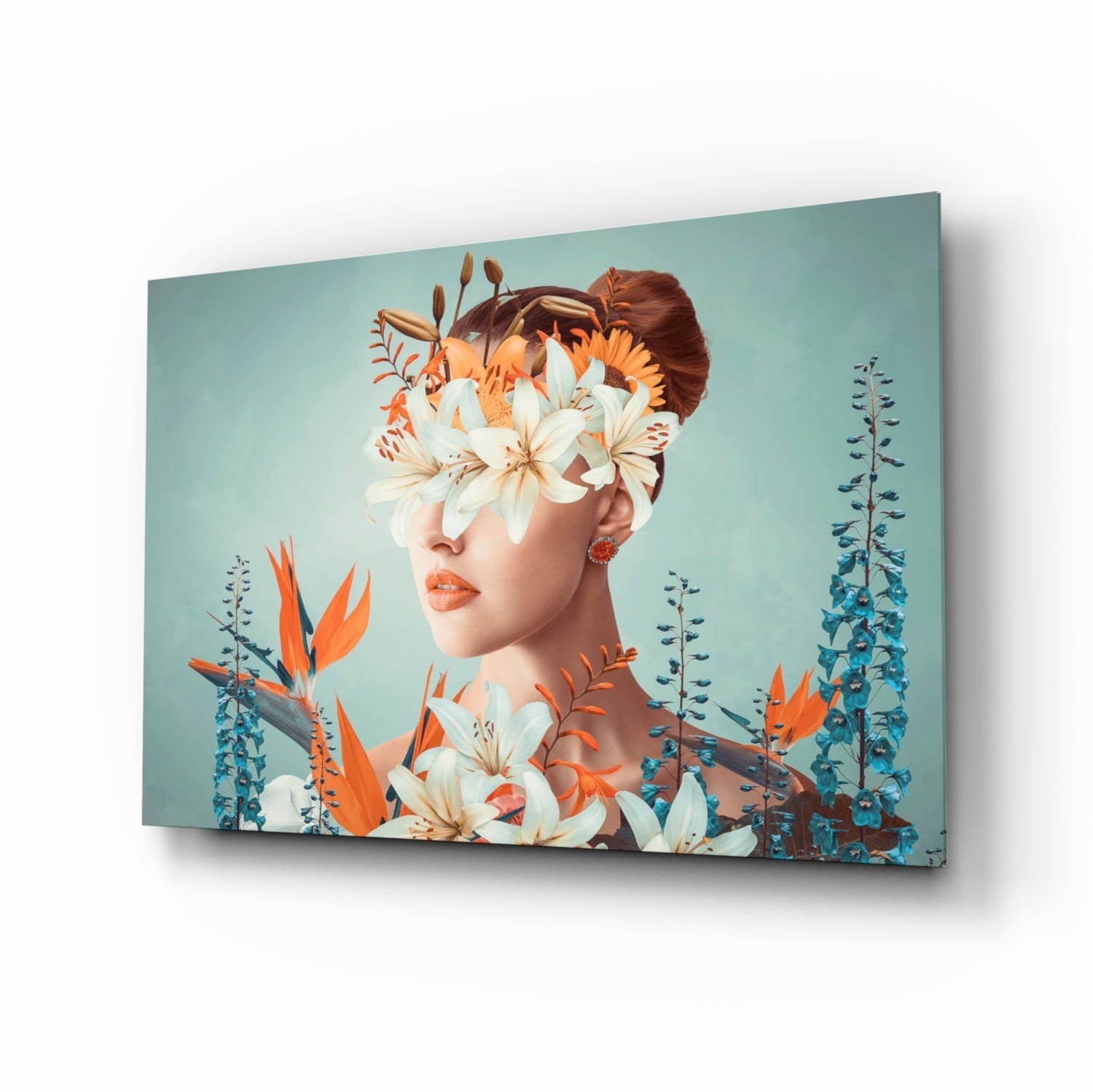 Woman abstract floral portrait glass wall art