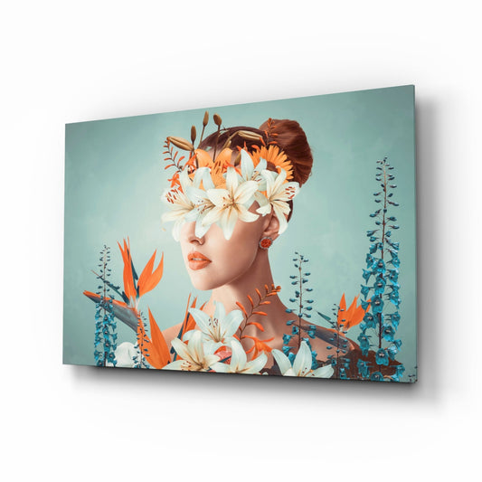 Woman abstract floral portrait glass wall art