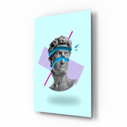 Vaporwave David glass wall art, marble David head with cyan glitch on mint blue
