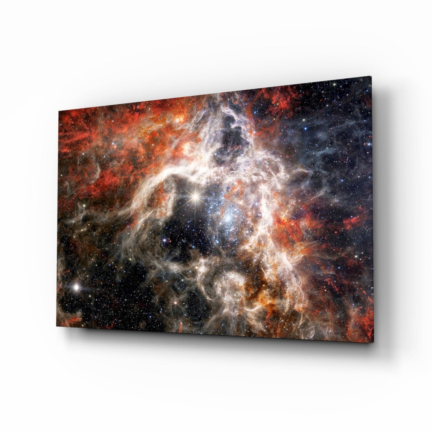 Tarantula Nebula glass wall art in amber and cobalt