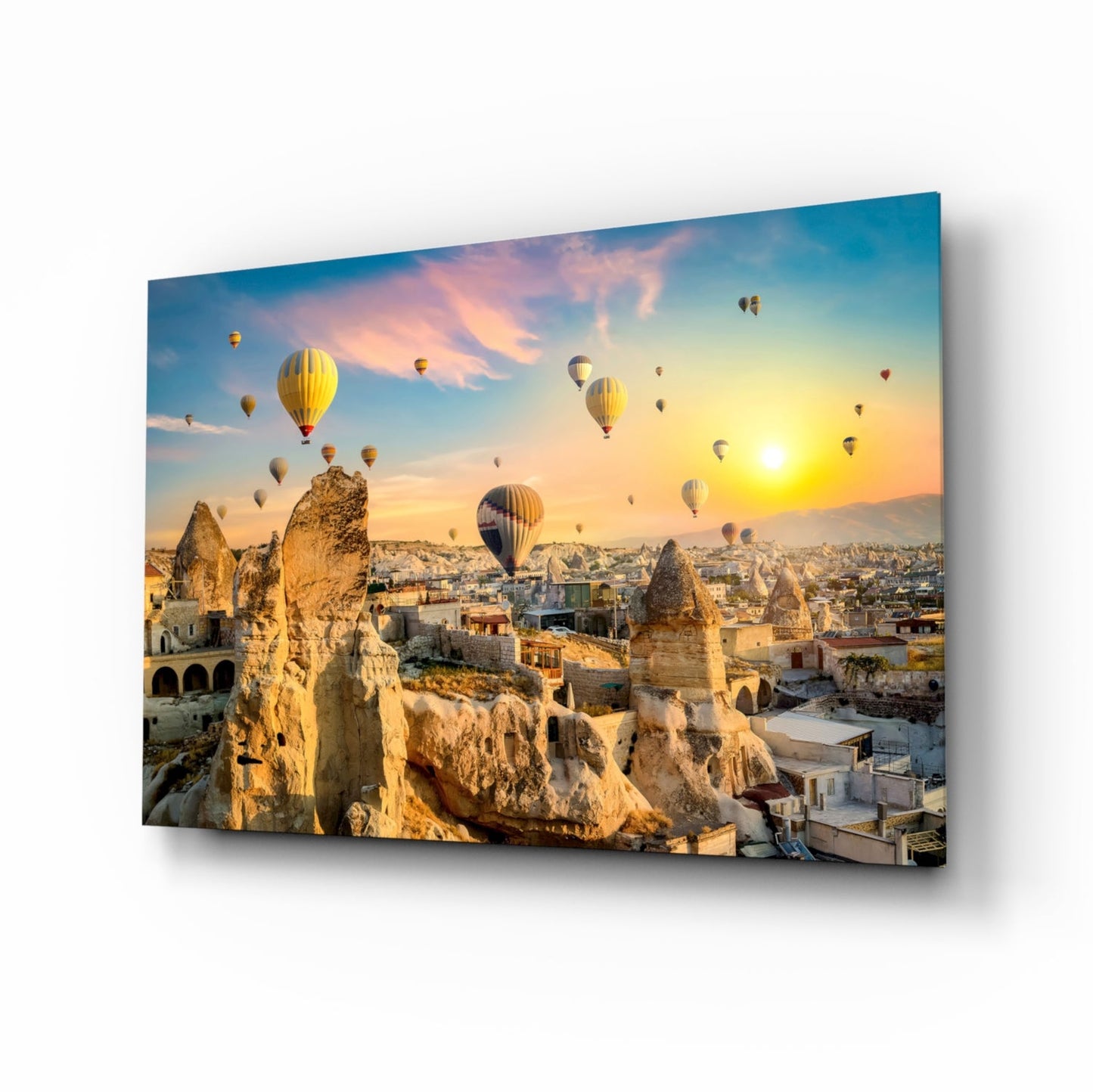 Cappadocia glass wall art hot air balloons at sunrise