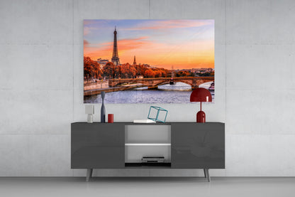 Eiffel Tower Autumn Sunset Glass Wall Art