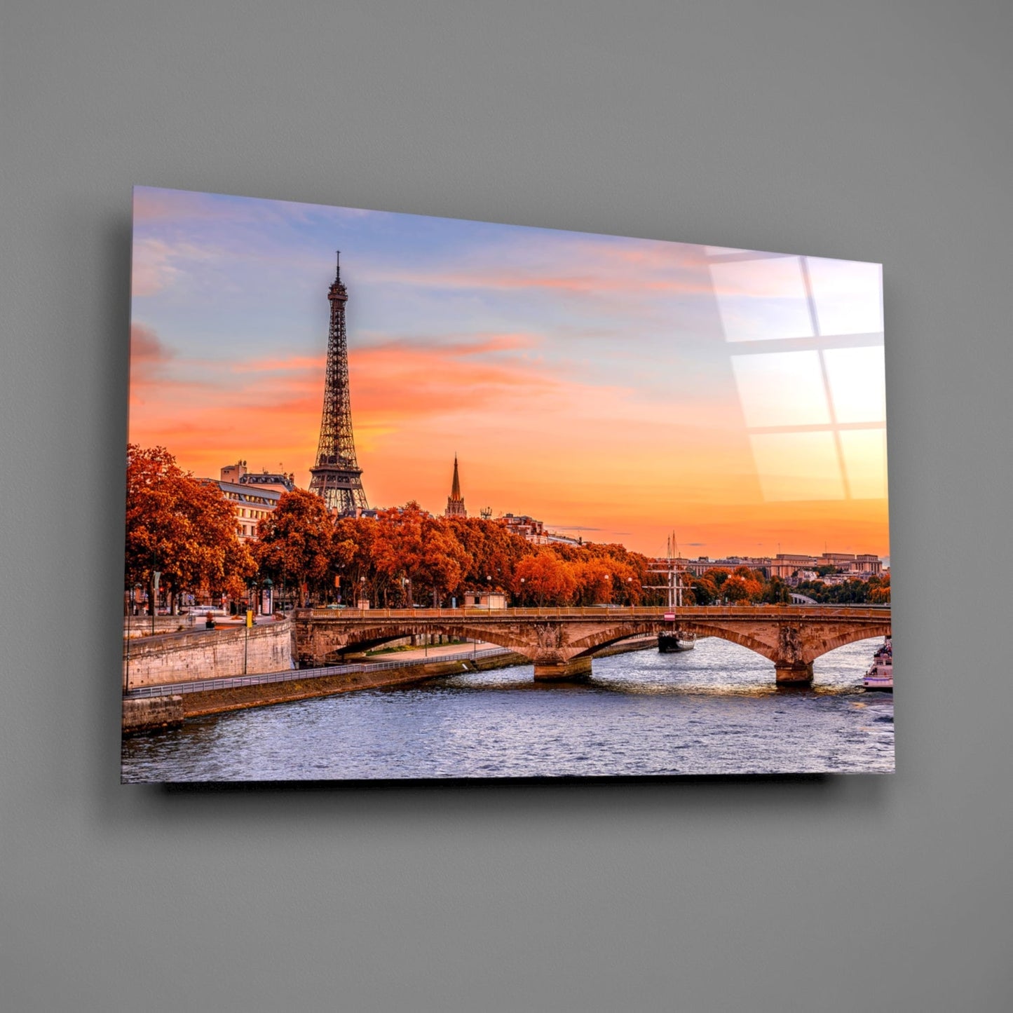 Eiffel Tower Autumn Sunset Glass Wall Art