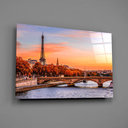 Eiffel Tower Autumn Sunset Glass Wall Art