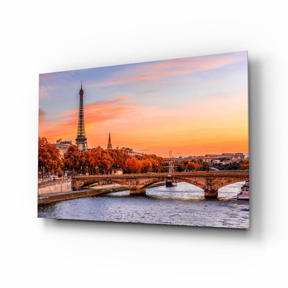 Eiffel Tower Autumn Sunset glass wall art print