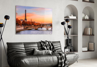 Eiffel Tower Autumn Sunset Glass Wall Art