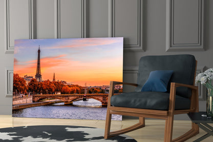 Eiffel Tower Autumn Sunset Glass Wall Art