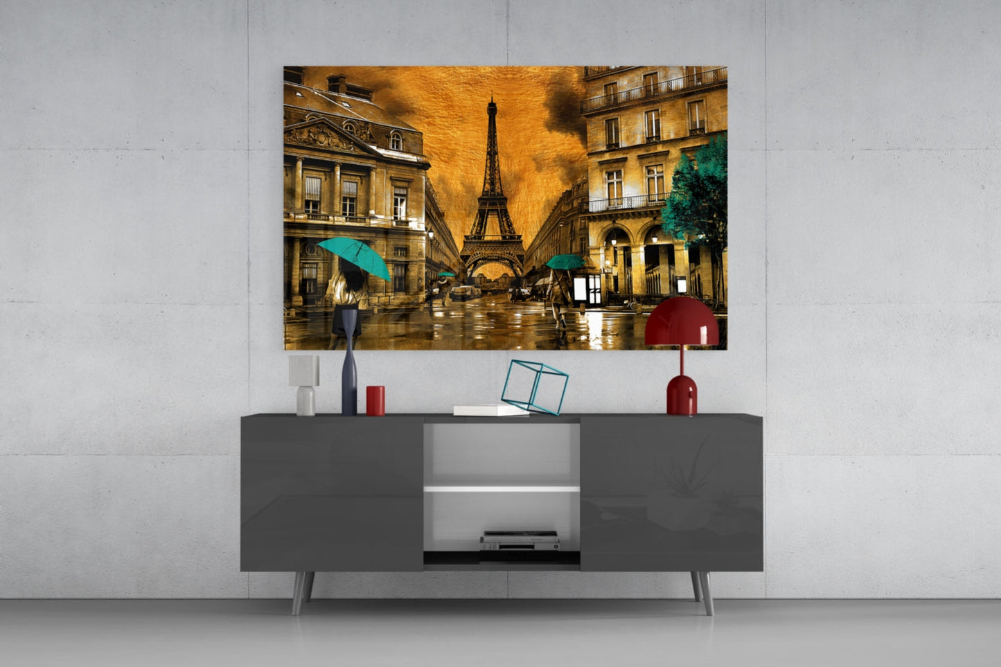 Eiffel Tower Saffron Teal Paris Glass Wall Art