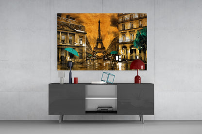 Eiffel Tower Saffron Teal Paris Glass Wall Art