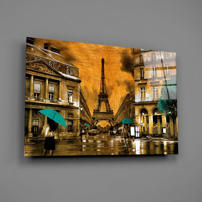 Eiffel Tower Saffron Teal Paris Glass Wall Art