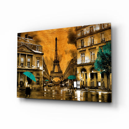 Eiffel Tower Saffron Teal Paris glass wall art print