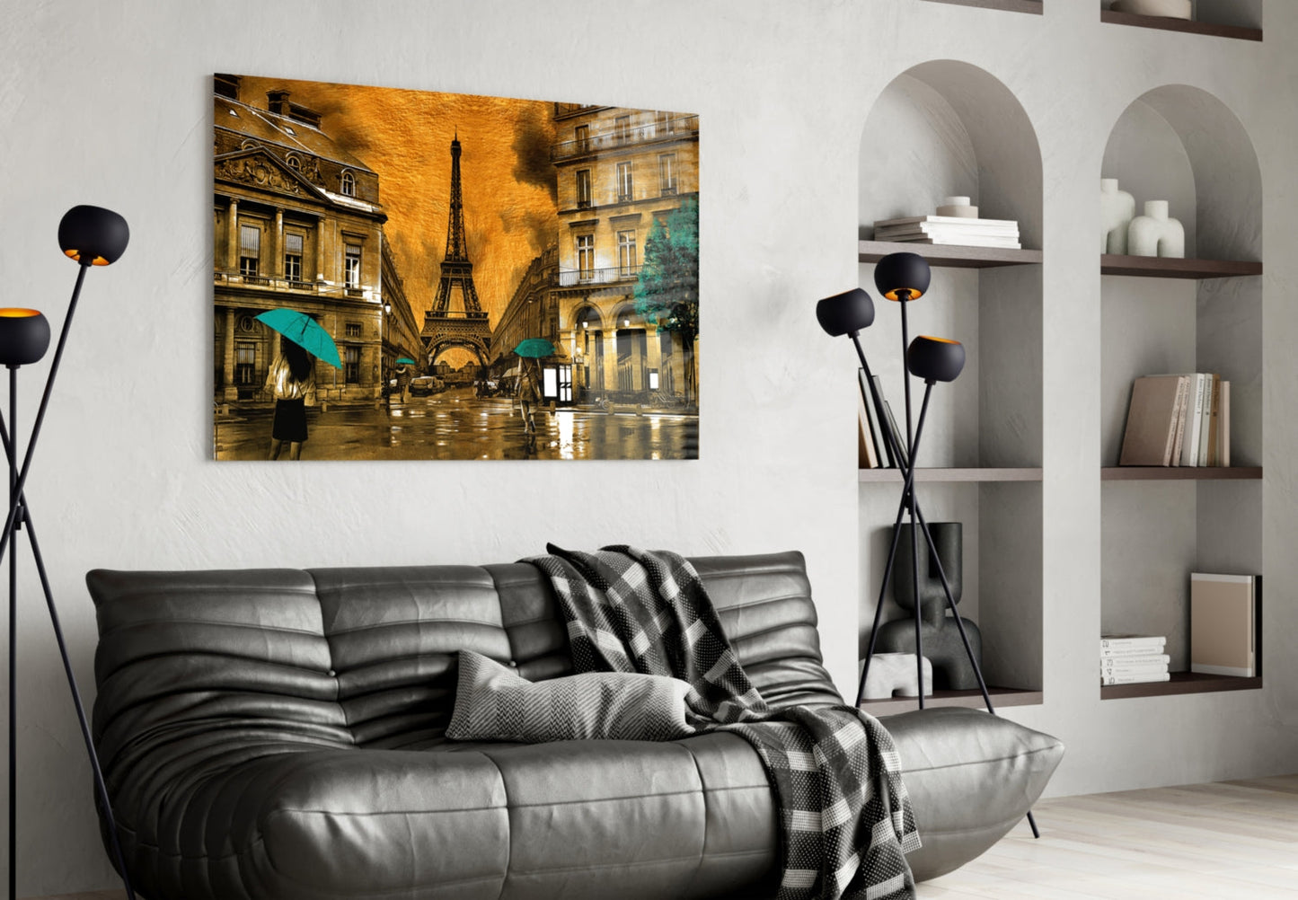 Eiffel Tower Saffron Teal Paris Glass Wall Art