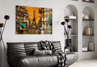 Eiffel Tower Saffron Teal Paris Glass Wall Art