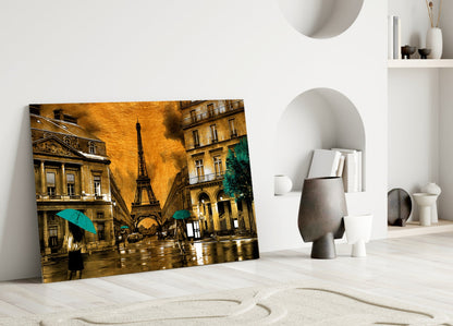 Eiffel Tower Saffron Teal Paris Glass Wall Art