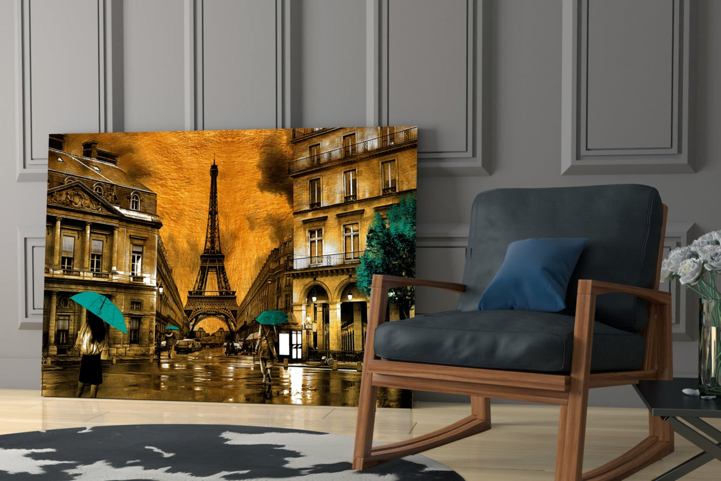 Eiffel Tower Saffron Teal Paris Glass Wall Art