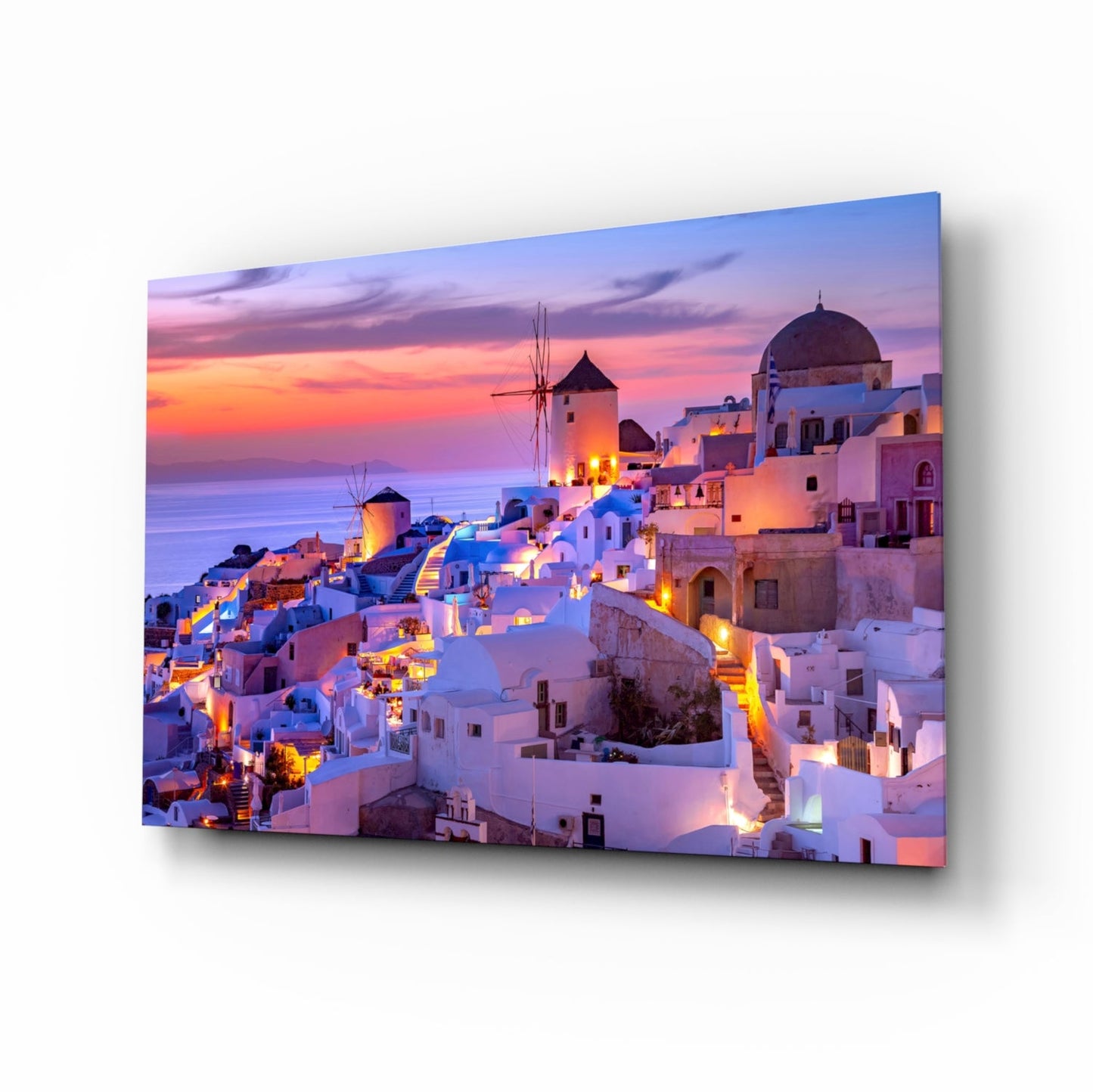Santorini glass wall art Oia sunset view