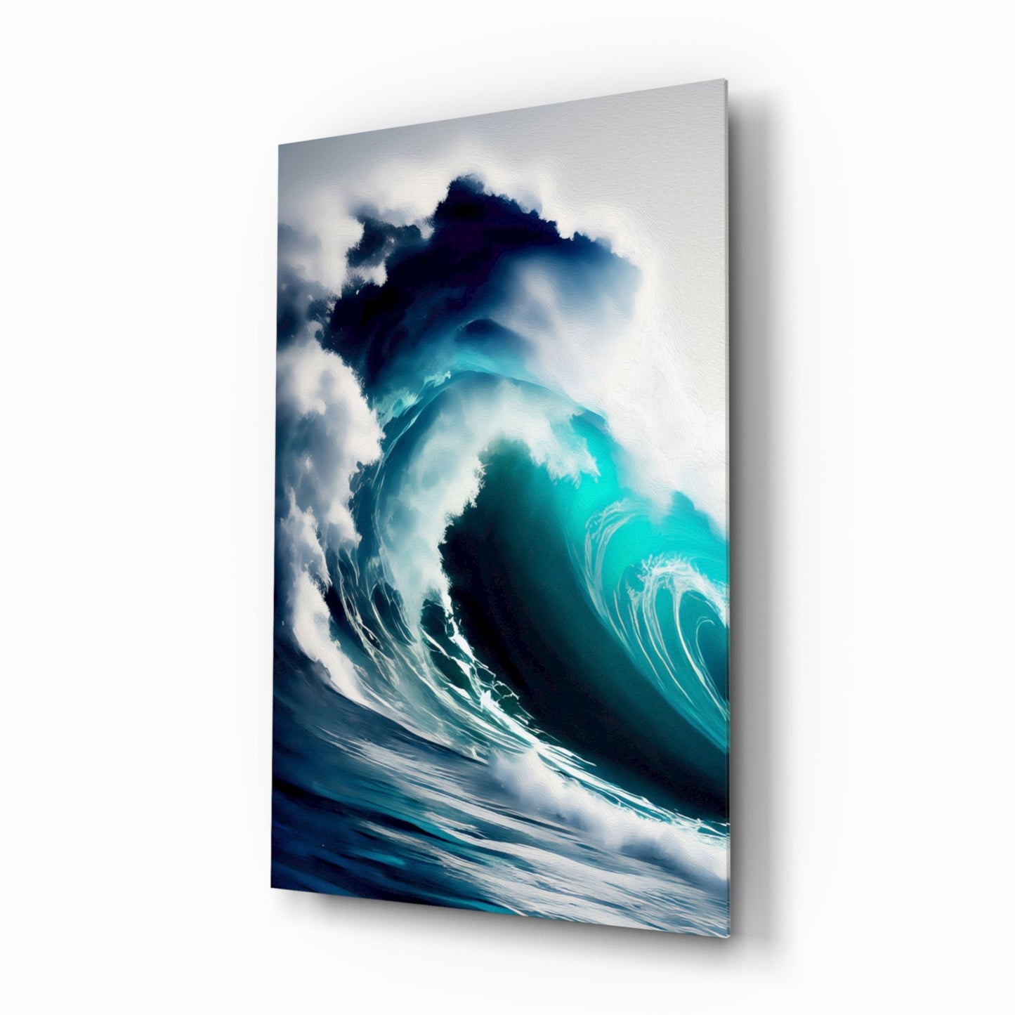 Turquoise barrel wave glass wall art with ivory crest spray on high-gloss tempered glass