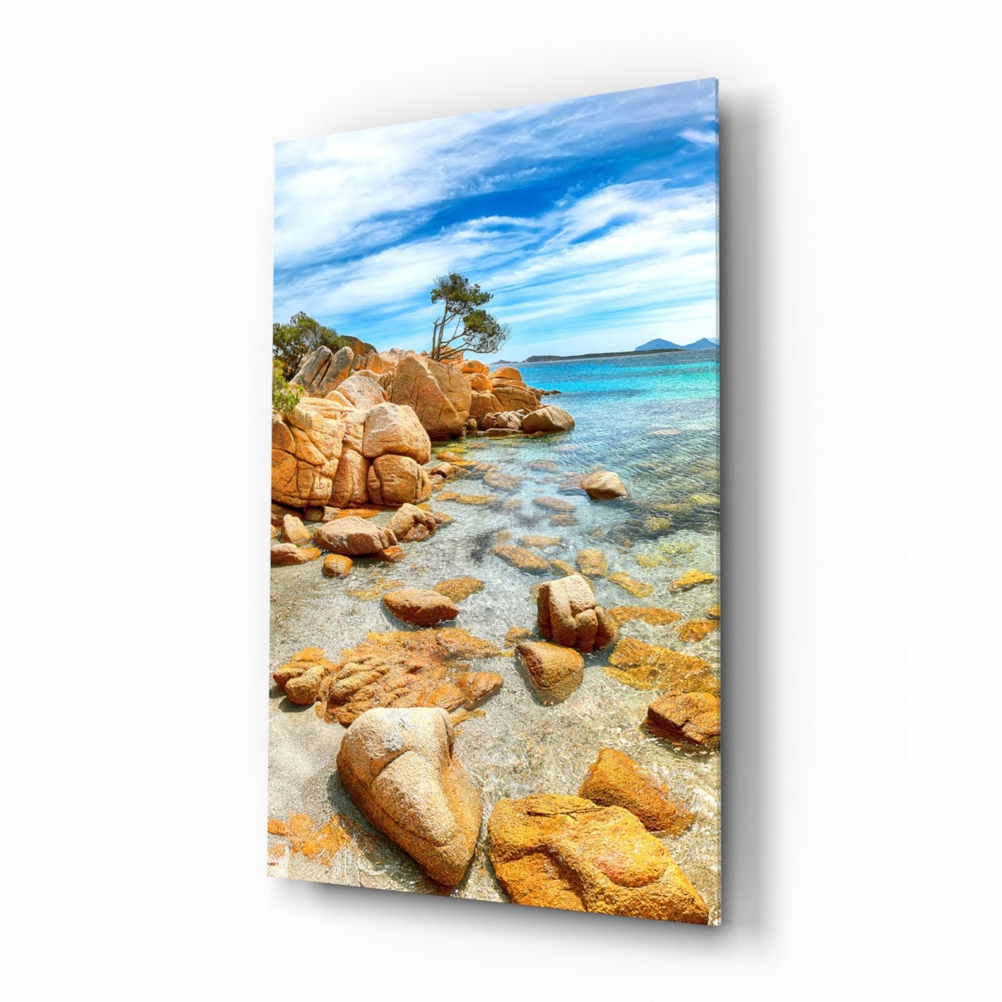 Beach view glass wall art with turquoise cove and cobalt sky