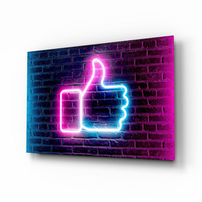 Neon thumbs-up like button glass wall art