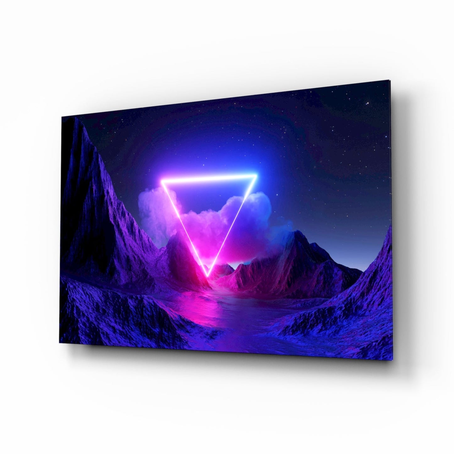 Neon triangle mountain glass wall art in magenta and cobalt
