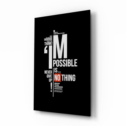 Impossible Is Nothing glass wall art, white motivational typography with scarlet accent on black