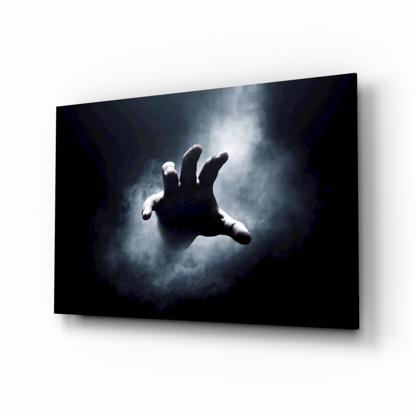 Reaching hand through fog glass wall art