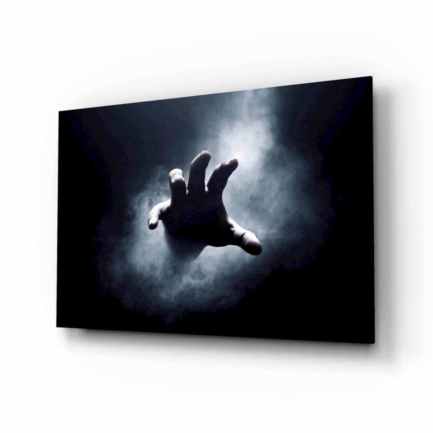 Reaching hand through fog glass wall art