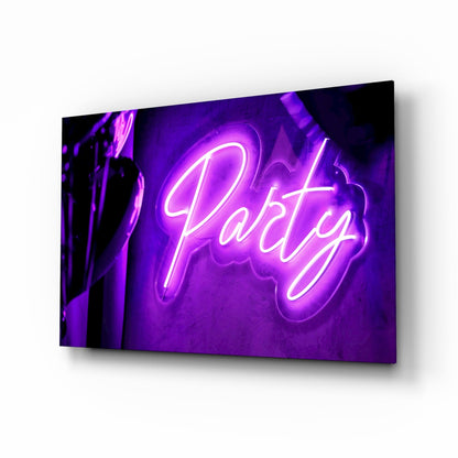 Party neon sign glass wall art in violet on concrete wall