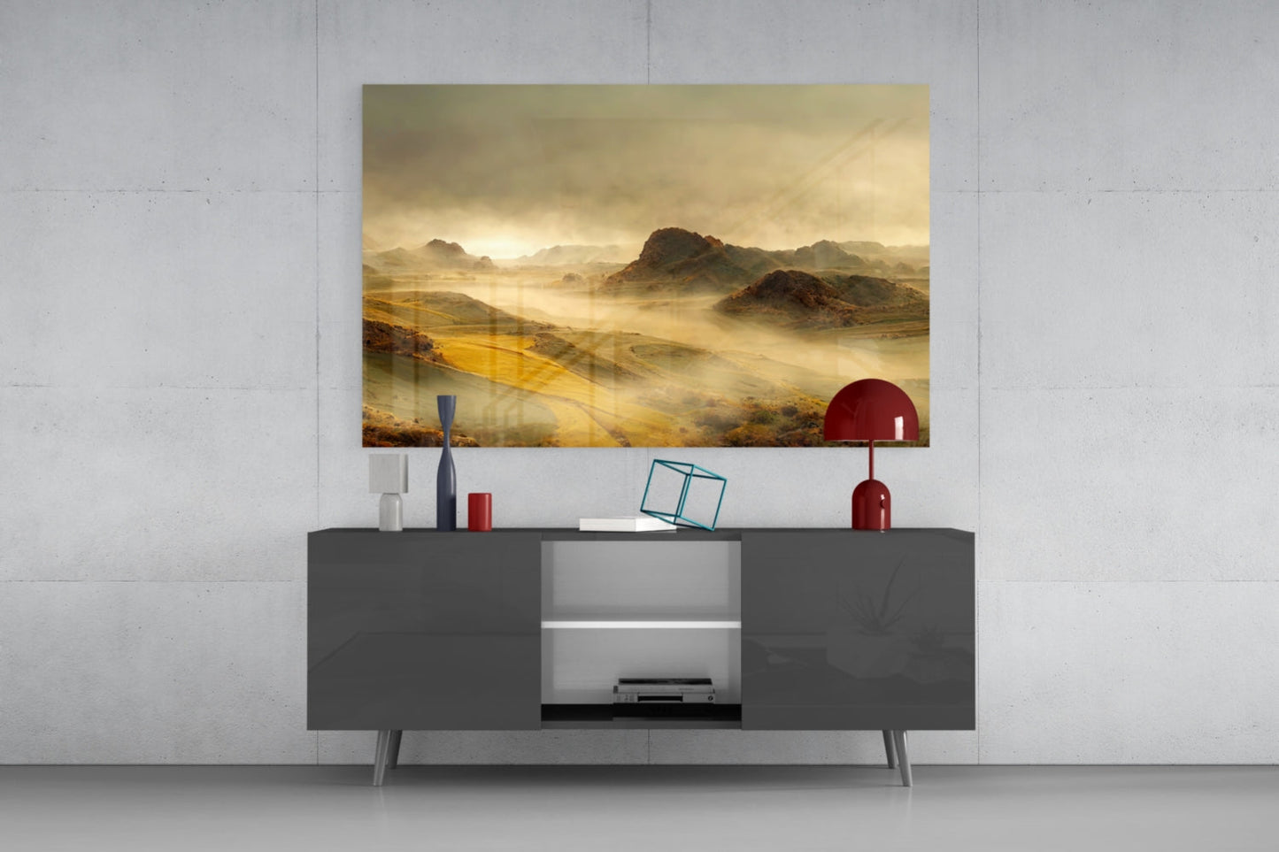 Misty Mountain Valley Glass Wall Art, Golden Highland Landscape