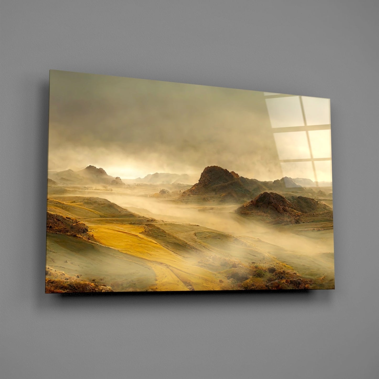 Misty Mountain Valley Glass Wall Art, Golden Highland Landscape
