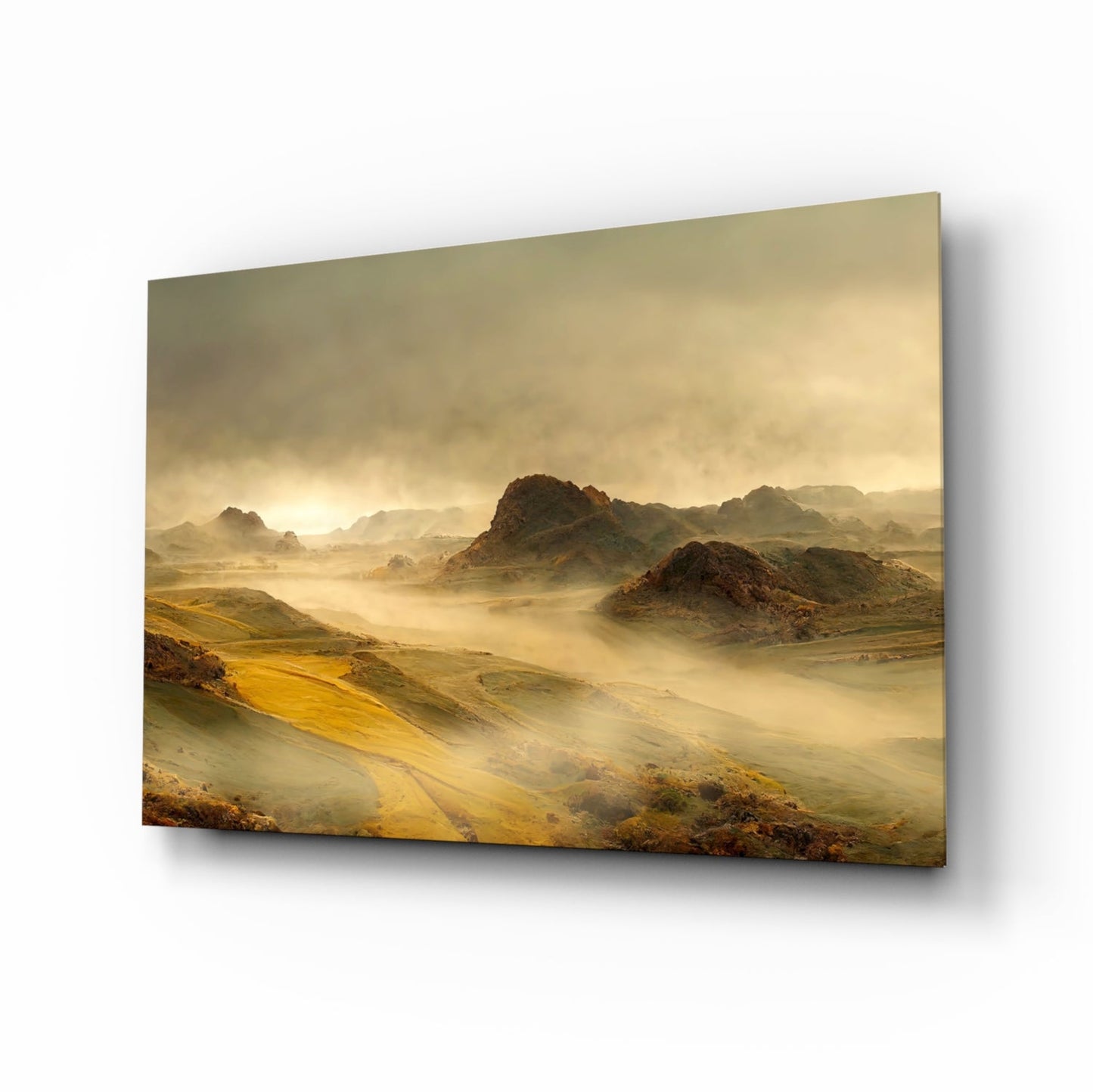 Misty golden ochre highland mountain valley glass wall art