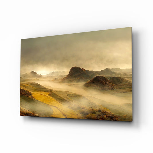 Misty golden ochre highland mountain valley glass wall art
