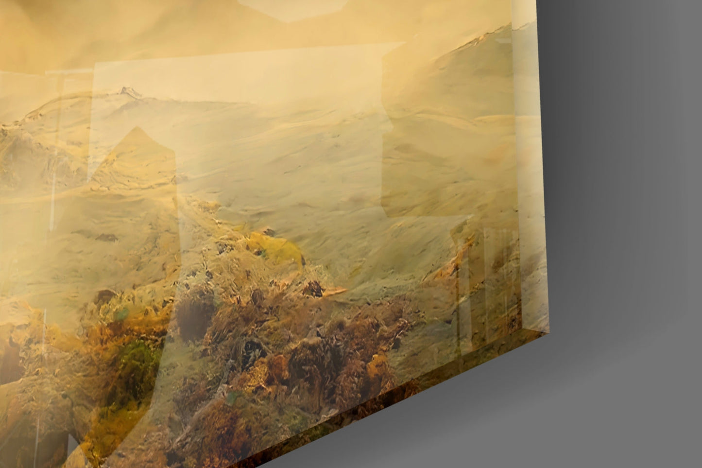 Misty Mountain Valley Glass Wall Art, Golden Highland Landscape
