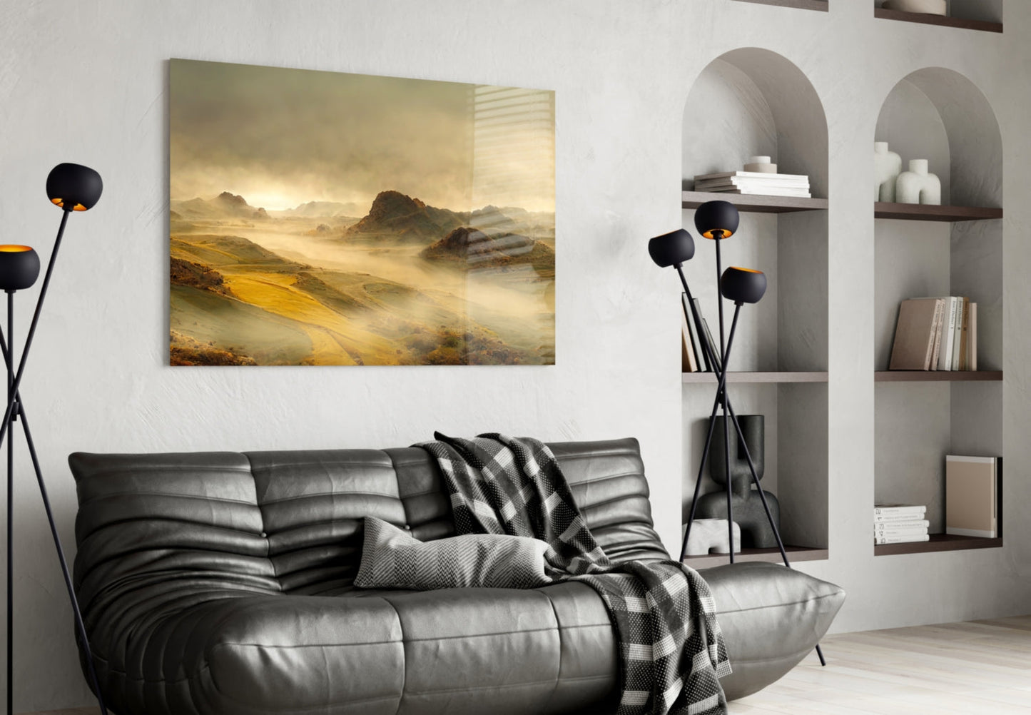 Misty Mountain Valley Glass Wall Art, Golden Highland Landscape