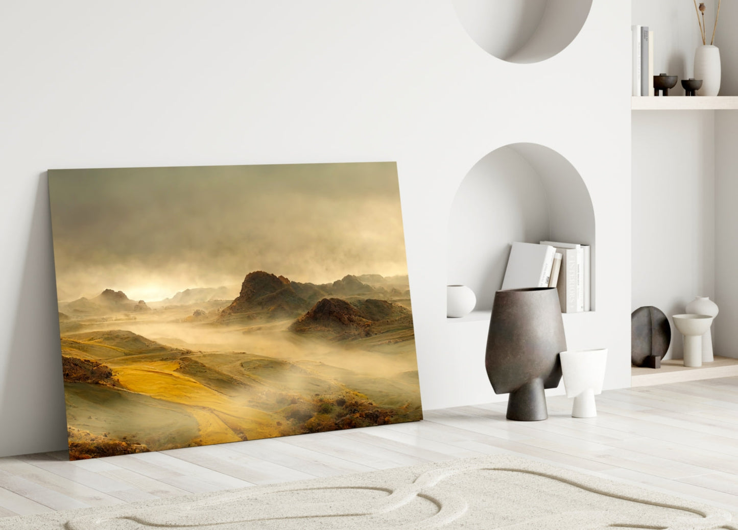 Misty Mountain Valley Glass Wall Art, Golden Highland Landscape