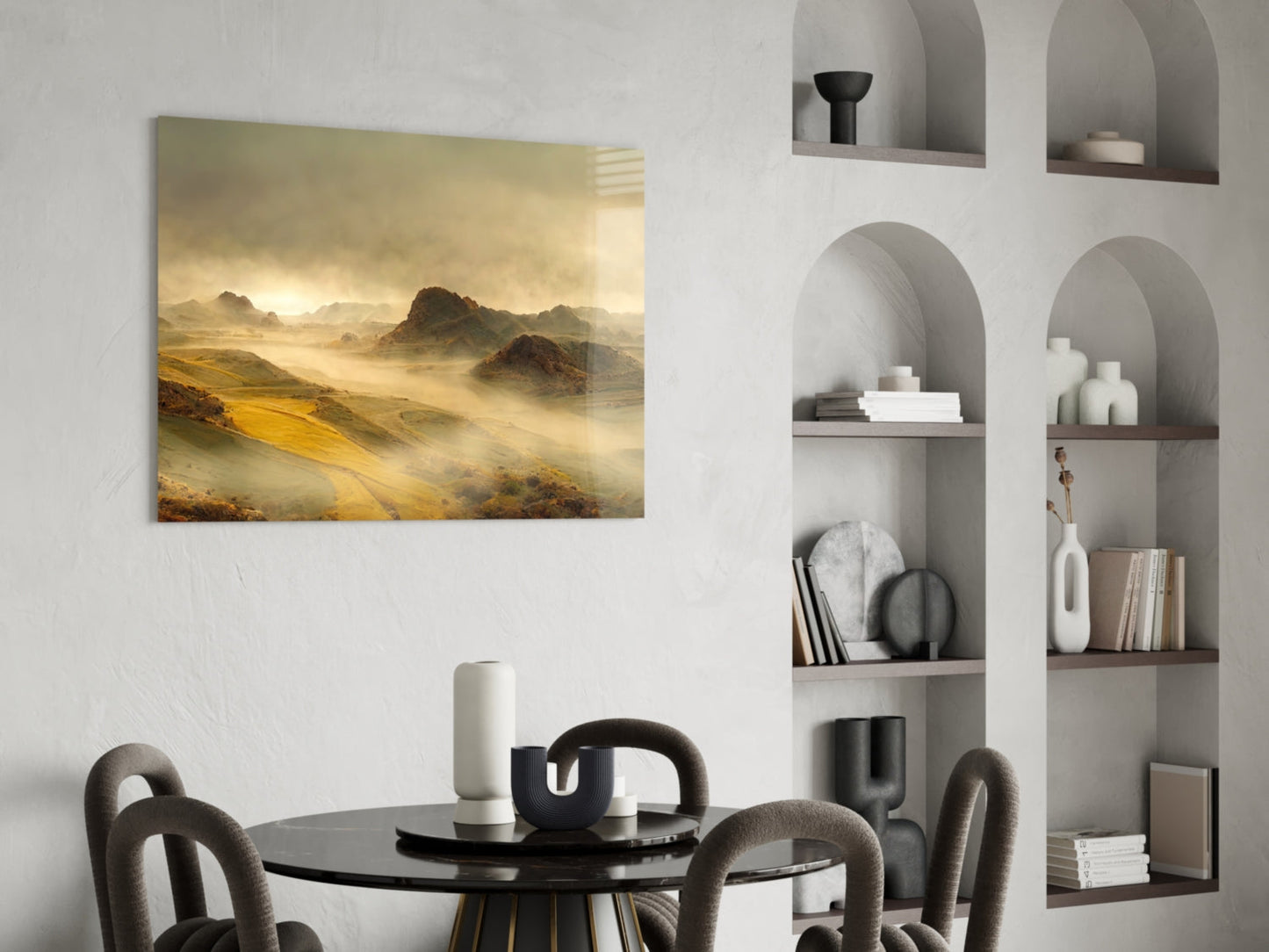 Misty Mountain Valley Glass Wall Art, Golden Highland Landscape