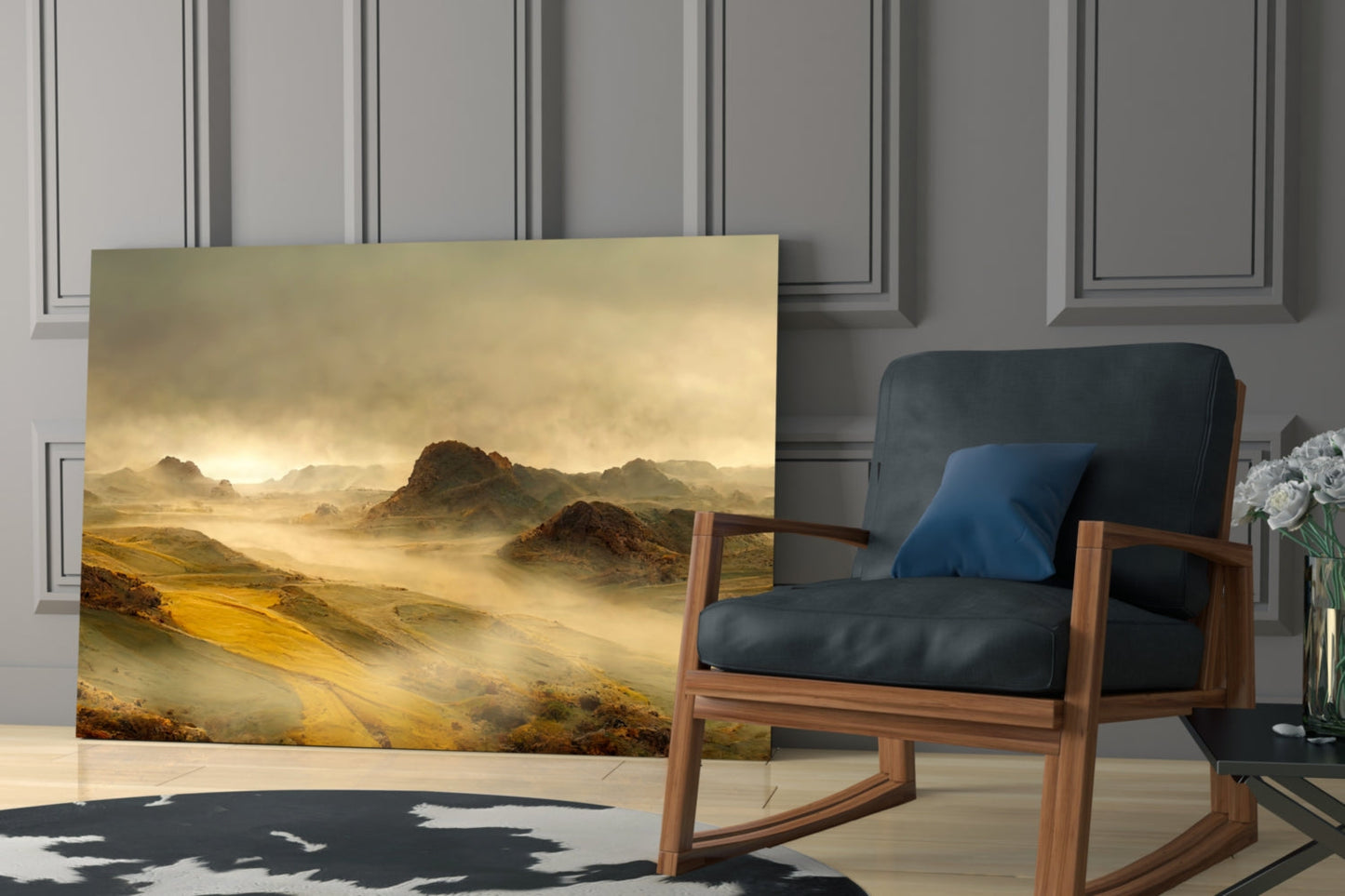 Misty Mountain Valley Glass Wall Art, Golden Highland Landscape