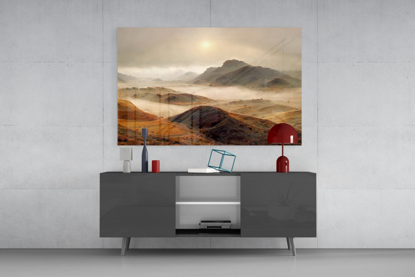 Golden Highland Mountains Glass Wall Art, Misty Ridge Landscape