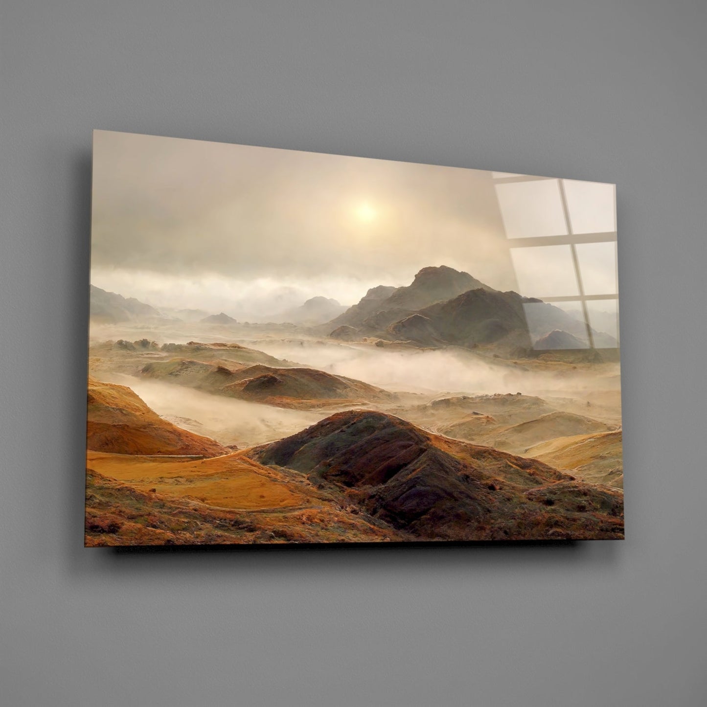 Golden Highland Mountains Glass Wall Art, Misty Ridge Landscape