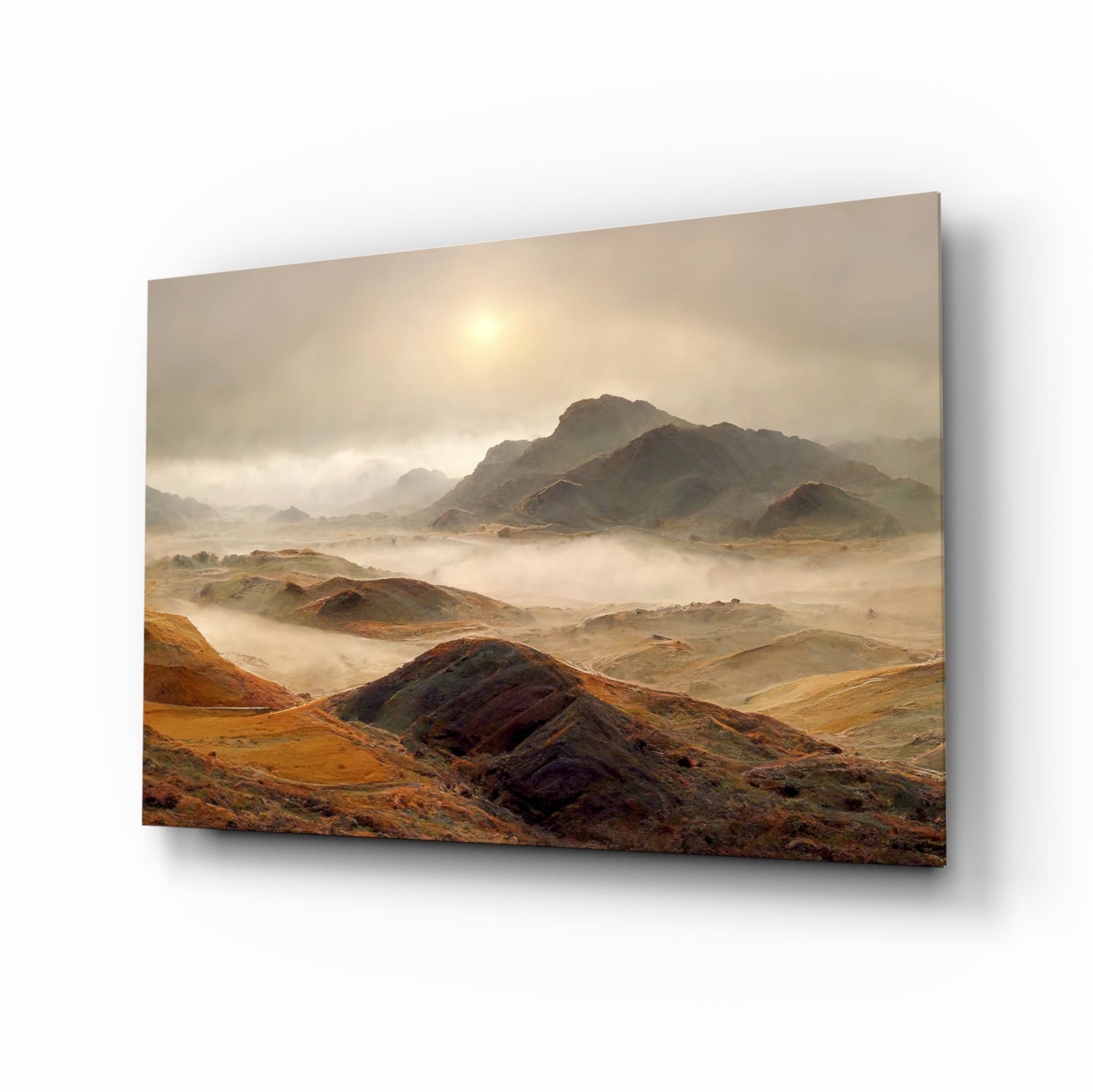 Golden ochre highland mountains misty landscape glass wall art