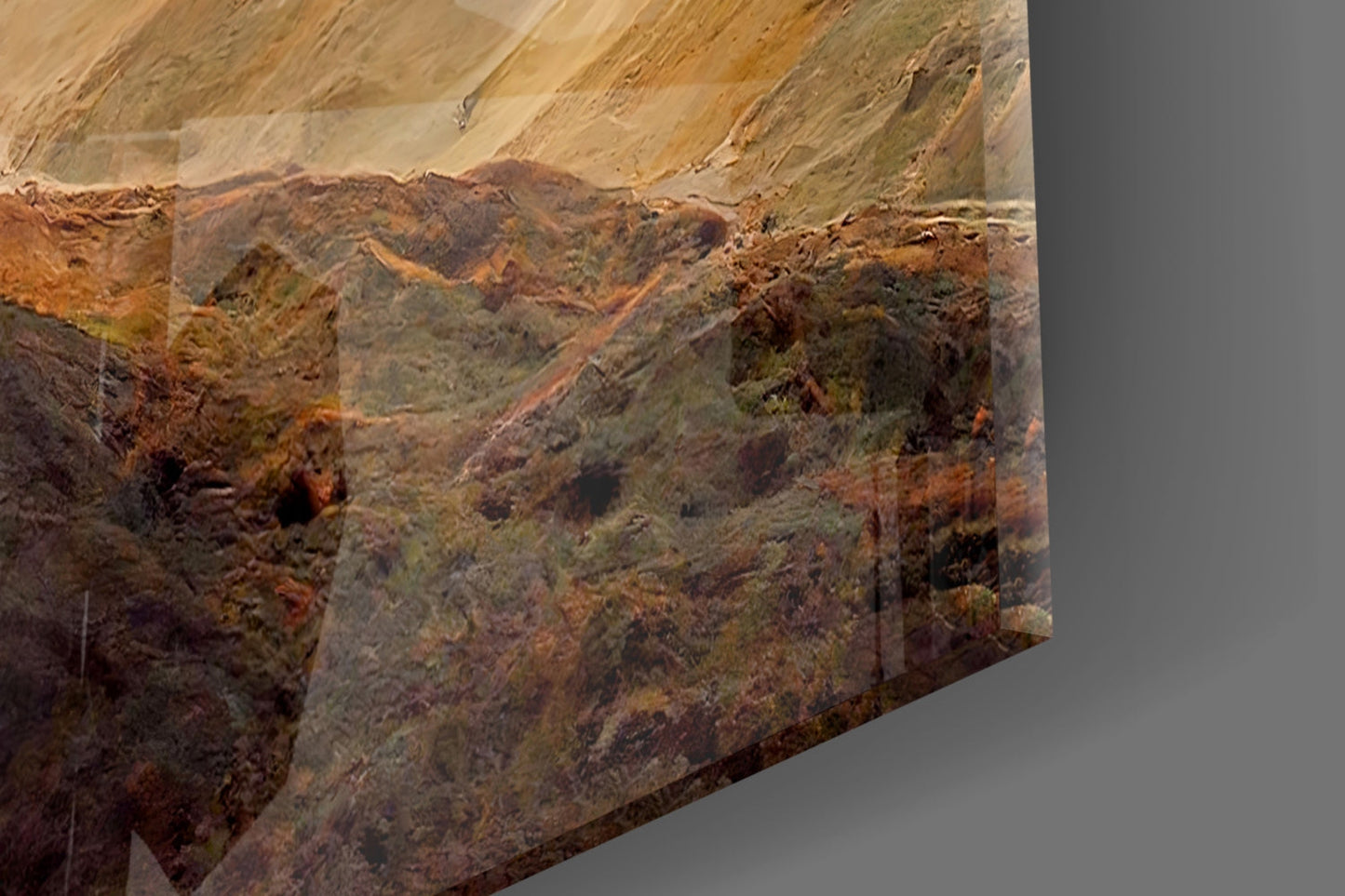 Golden Highland Mountains Glass Wall Art, Misty Ridge Landscape